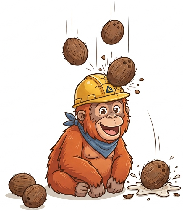 Illustration of an orangutan in a hard hat with falling coconuts.